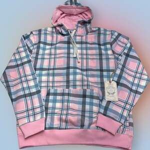 BLACK JACK Women’s Medium Pink Blue Plaid Hoodie Sweatshirt